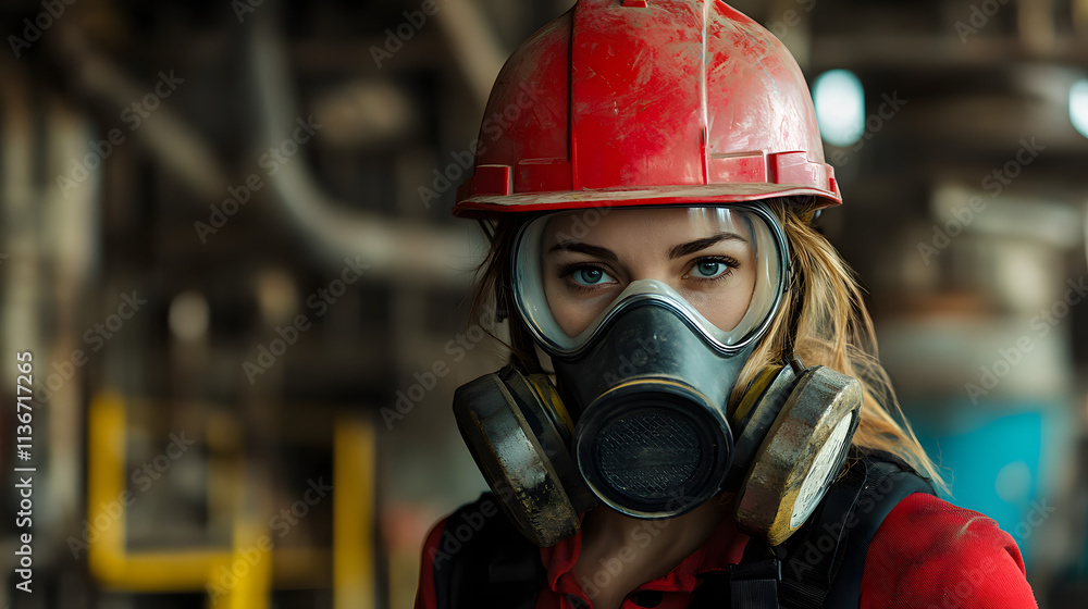A woman adorned in a vibrant red helmet and protective gas mask stands confidently in a hazardous work environment. Her sturdy attire hints at the dangerous nature of her surroundings. A woman adorned in a vibrant red helmet and protective gas mask stands confidently in a hazardous work environment. Her sturdy attire hints at the dangerous nature of her surroundings.