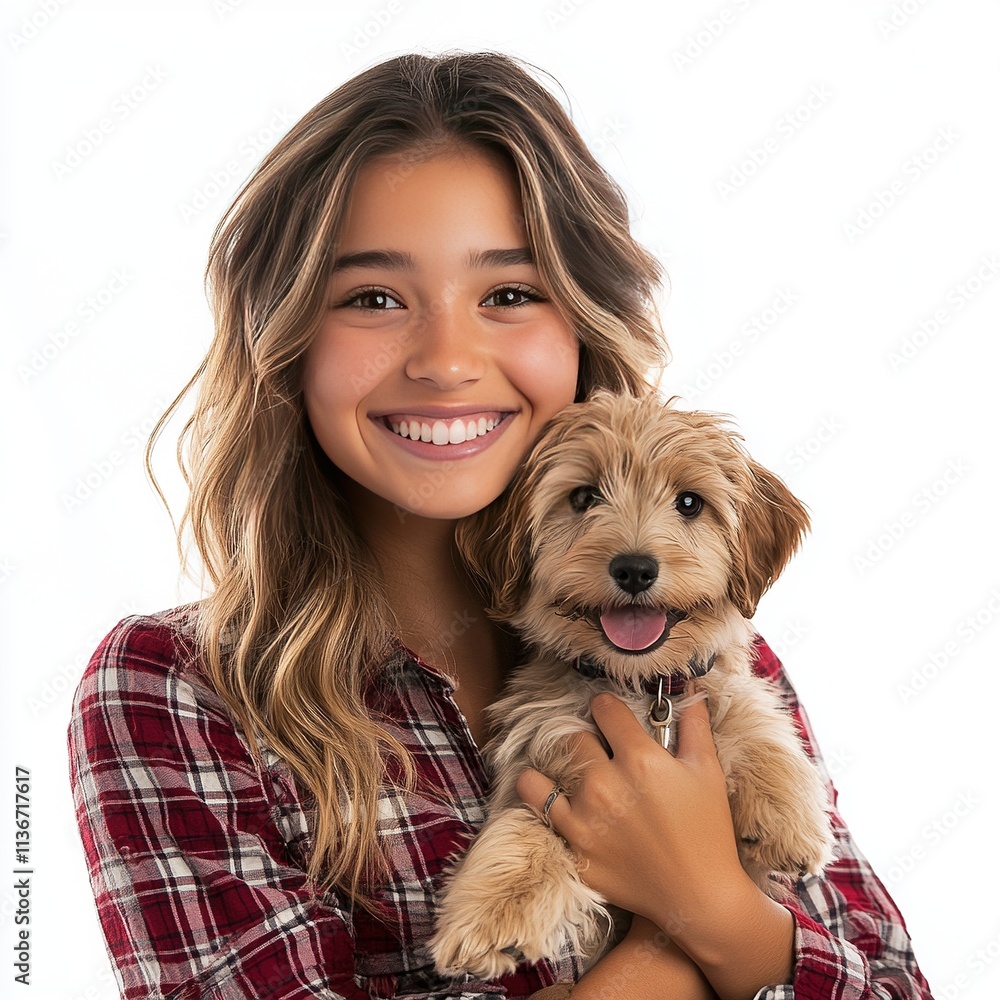 A girl in a plaid shirt holding a dog and smiling isolated on a white background A girl in a plaid shirt holding a dog and smiling isolated on a white background