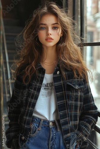 Young woman with long hair in blue hoodie stands by a window in a coastal town