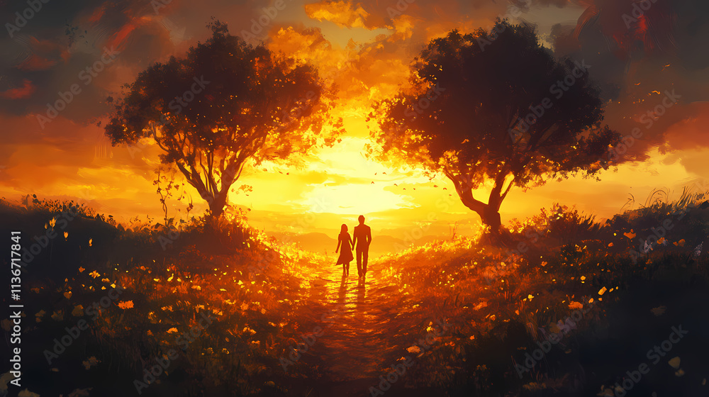 Fototapeta premium Experience the warm embrace of a golden sunset as silhouettes walk through a vibrant pathway. Embrace. Illustration