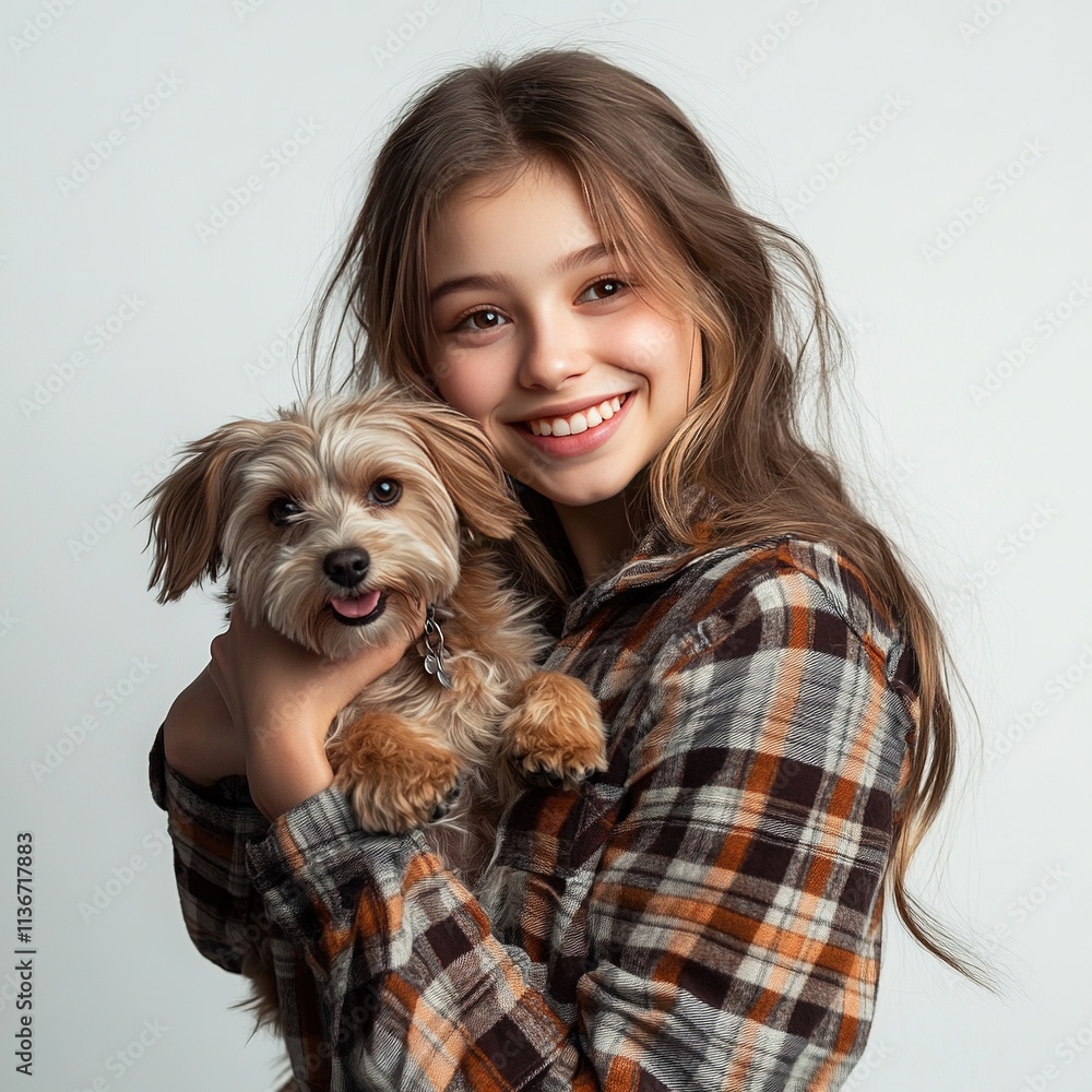 A girl in a plaid shirt holding a dog and smiling isolated on a white background A girl in a plaid shirt holding a dog and smiling isolated on a white background