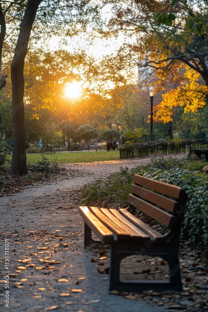 Evening sunlight casts warm glow on park bench surrounded by fall foliage Evening sunlight casts warm glow on park bench surrounded by fall foliage