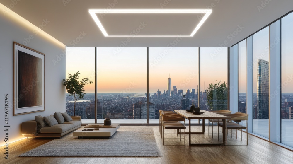 Modern apartment with city view at sunset, featuring minimalist furniture and recessed lighting. Modern apartment with city view at sunset, featuring minimalist furniture and recessed lighting.
