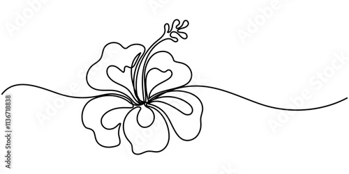 Hibiscus flower in one line art drawing style. Black line sketch on white background. Vector illustration, Hibiscus flower in one continuous line drawing. Floral abstract symbol in simple linear style