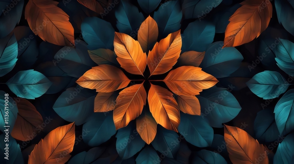 Teal and orange leaves forming a kaleidoscope pattern. Teal and orange leaves forming a kaleidoscope pattern.
