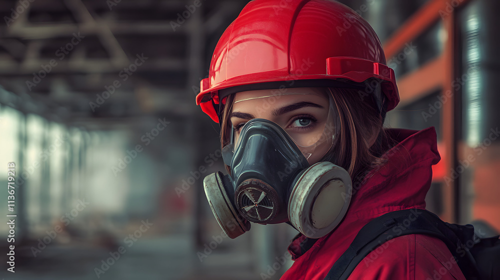 A woman adorned in a vibrant red helmet and protective gas mask stands confidently in a hazardous work environment. Her sturdy attire hints at the dangerous nature of her surroundings. A woman adorned in a vibrant red helmet and protective gas mask stands confidently in a hazardous work environment. Her sturdy attire hints at the dangerous nature of her surroundings.