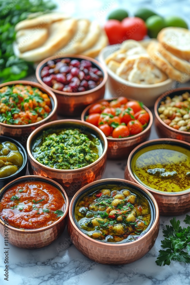 Delicious variety of vibrant dishes served with bread and garnishes in a bright setting Delicious variety of vibrant dishes served with bread and garnishes in a bright setting