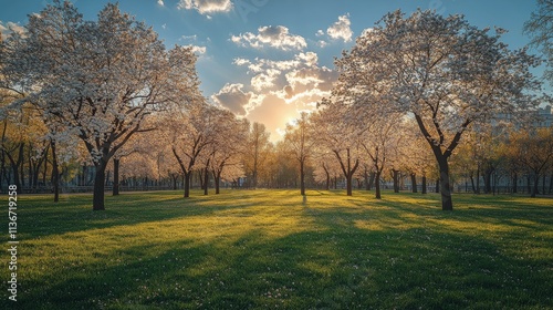 Beautiful spring afternoon in a blooming park with cherry blossom trees and golden sunlight