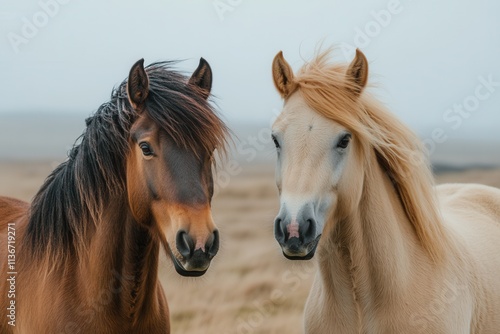 A horse with red and palomino coloring and a long blonde mane across a field photo