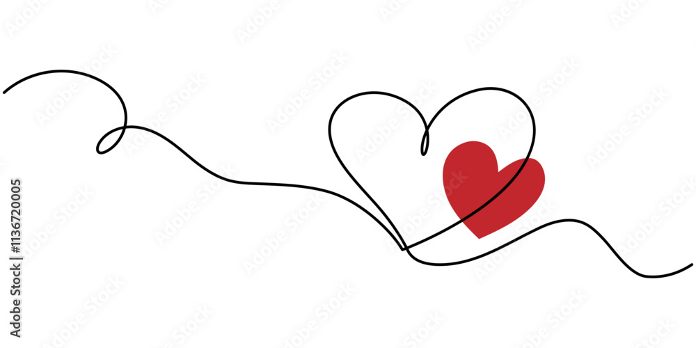 Fototapeta premium Heart. Abstract love symbol. Continuous line art drawing vector illustration, Heart hand drawn. Single contour heart for love design. continuous line drawing of heart and colour shape love sign.