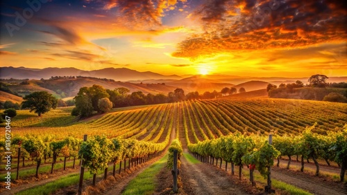 Wallpaper Mural Vintage Sunset Over Sonoma Vineyards: A Serene Evening Glow with Lush Grapevines, Rolling Hills, and a Warm Color Palette Capturing the Essence of California Wine Country Torontodigital.ca