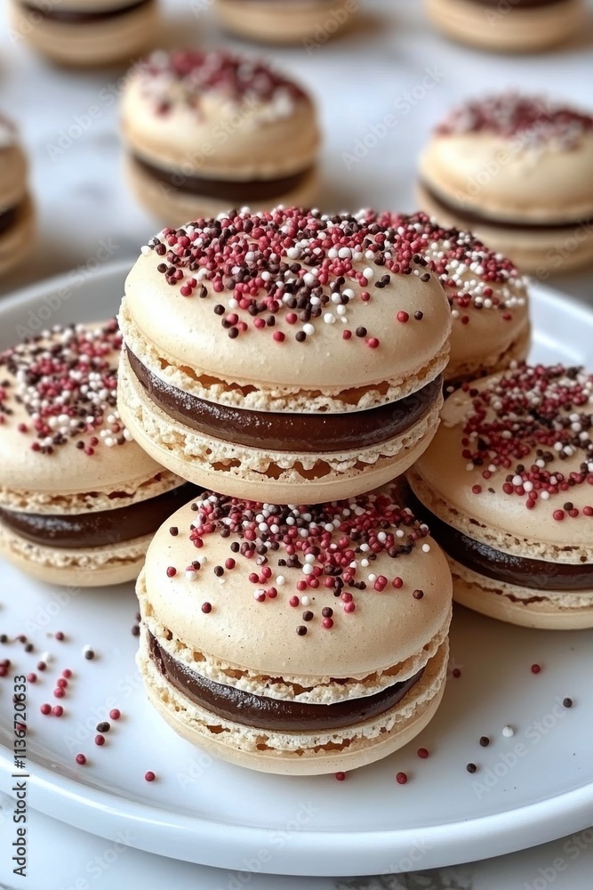 Festive macarons arranged on a plate with holiday decorations in the background Festive macarons arranged on a plate with holiday decorations in the background