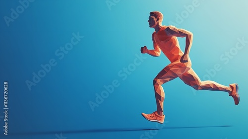  Focused male runner in mid-sprint, wearing sports attire and leaving abstract motion trails, isolated on a blue backdrop photo