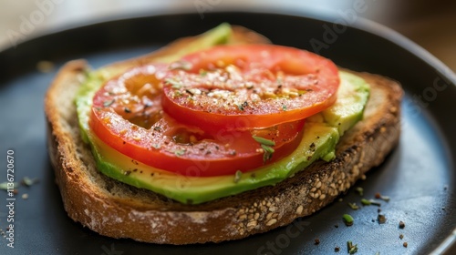 A slice of warm toasted sourdough bread, topped with mashed avocado and ripe tomato.