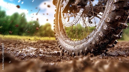 A close up of a dirt bike tire on a dirt road photo