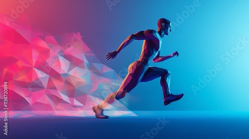  Focused male runner in mid-sprint, wearing sports attire and leaving abstract motion trails, isolated on a blue backdrop photo