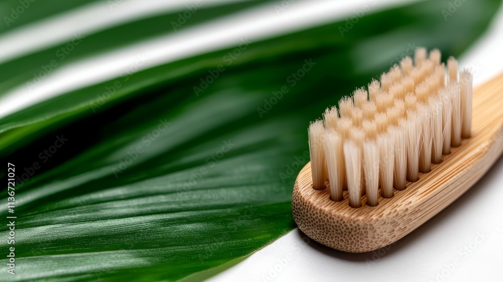 A wooden brush sitting on top of a green leaf A wooden brush sitting on top of a green leaf