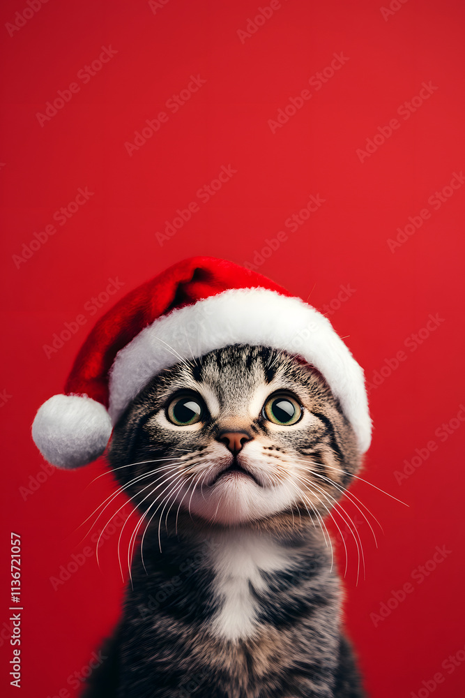 cat in a red New Year's hat on a red background. cute cat is waiting for the holiday. Santa Claus hat. New Year banner with place for text. cheerful pet cat in a red New Year's hat on a red background. cute cat is waiting for the holiday. Santa Claus hat. New Year banner with place for text. cheerful pet