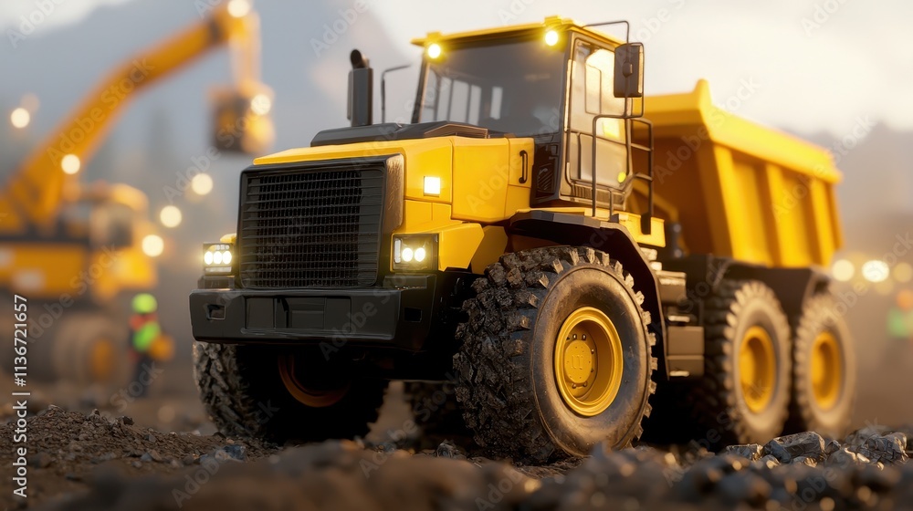 A detailed, yellow dump truck stands on a construction site, showcasing its robust design and heavy-duty tires, with workers and machinery in the background. A detailed, yellow dump truck stands on a construction site, showcasing its robust design and heavy-duty tires, with workers and machinery in the background.