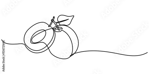 Plum vector illustration. One line drawing art illustration with lettering organic plum, Plum fruit in continuous line art drawing style. Minimalist black line sketch on white background. Pro Vector. 