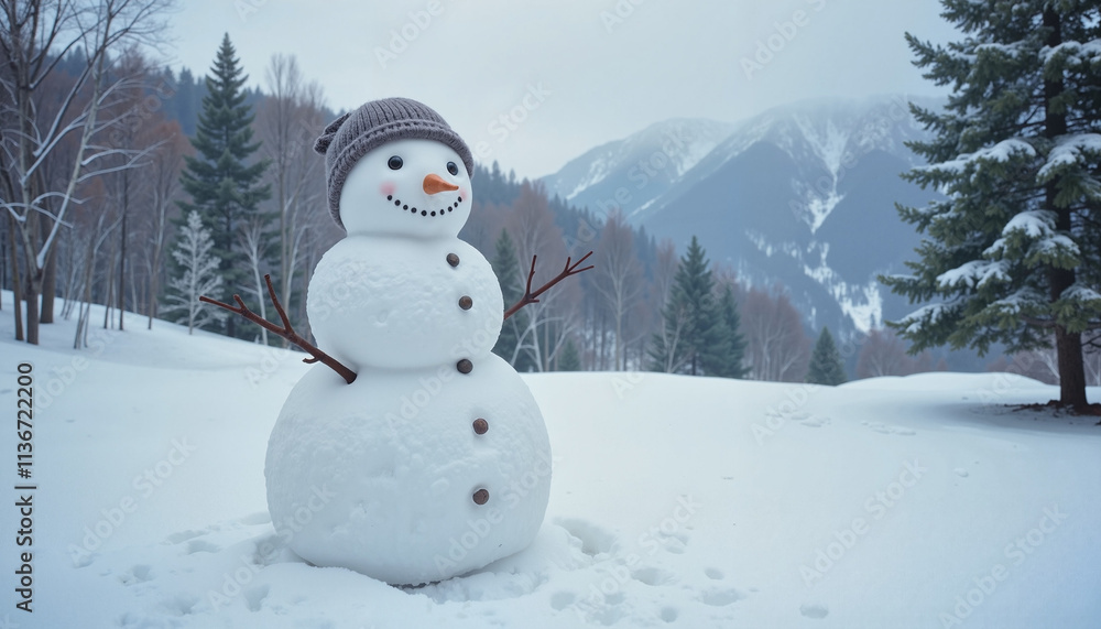 Obraz premium Cheerful snowman with a hat and smile in a winter landscape with mountains 