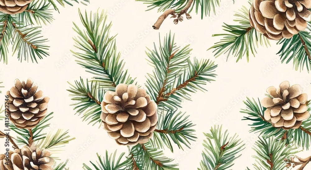 Seamless pattern of pine branches and cones on beige background. Seamless pattern of pine branches and cones on beige background.