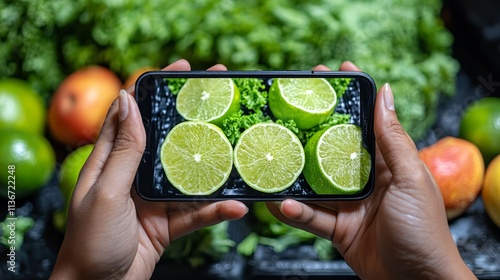 A person taking a picture of limes on a cell phone photo