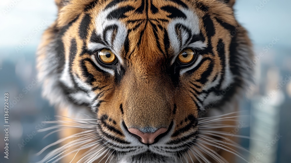 A close up of a tiger's face with a city in the background A close up of a tiger's face with a city in the background