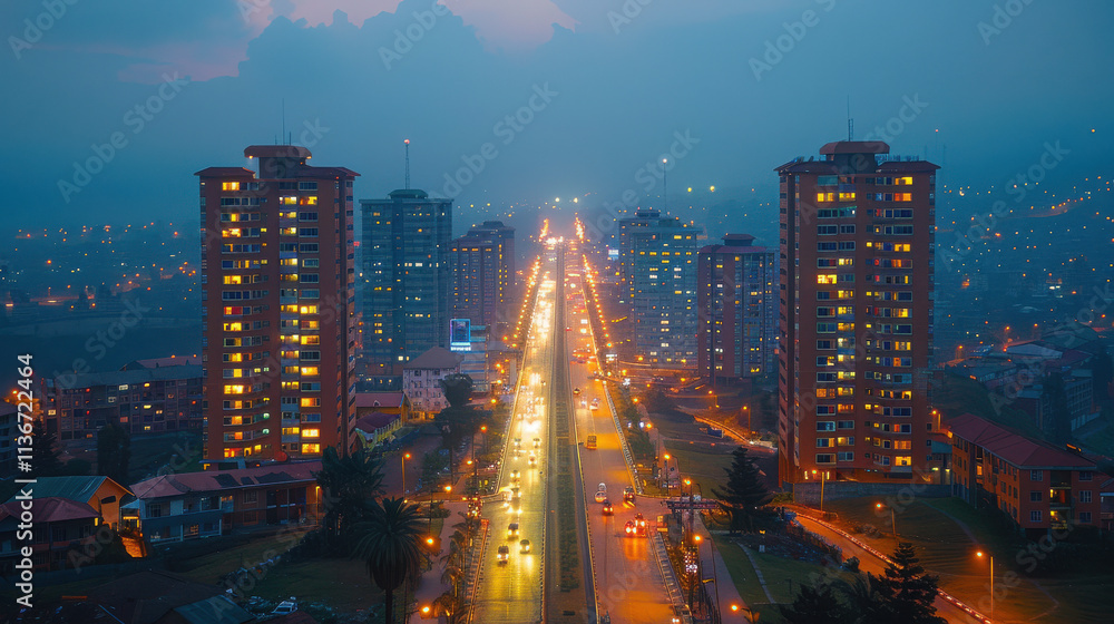 Obraz premium A view of tall high-rise building with residential tower, creating a city gate effect. Located in the city center of Kigali in east Africa.