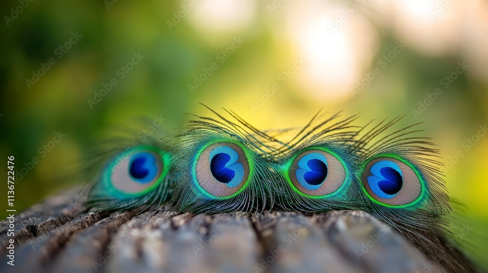 Obraz premium A close up of a peacock's feathers on a wooden surface