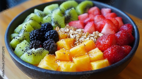 Colorful fruit bowl with berries and granola at a cafe