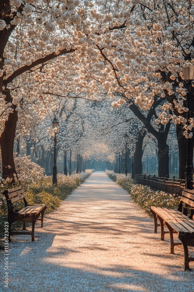 Serene cherry blossom pathway in a city park during spring morning Serene cherry blossom pathway in a city park during spring morning