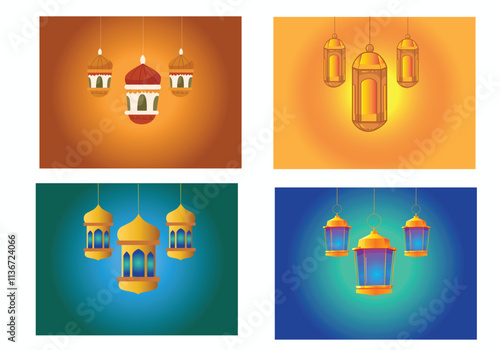 Arabic Vector ramadan kareem lamp light lantern set of islamic illustration