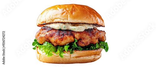Delicious grilled chicken burger with lettuce. transparent background