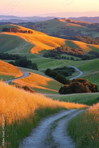 Rolling hills at sunset with winding road through golden grasslands