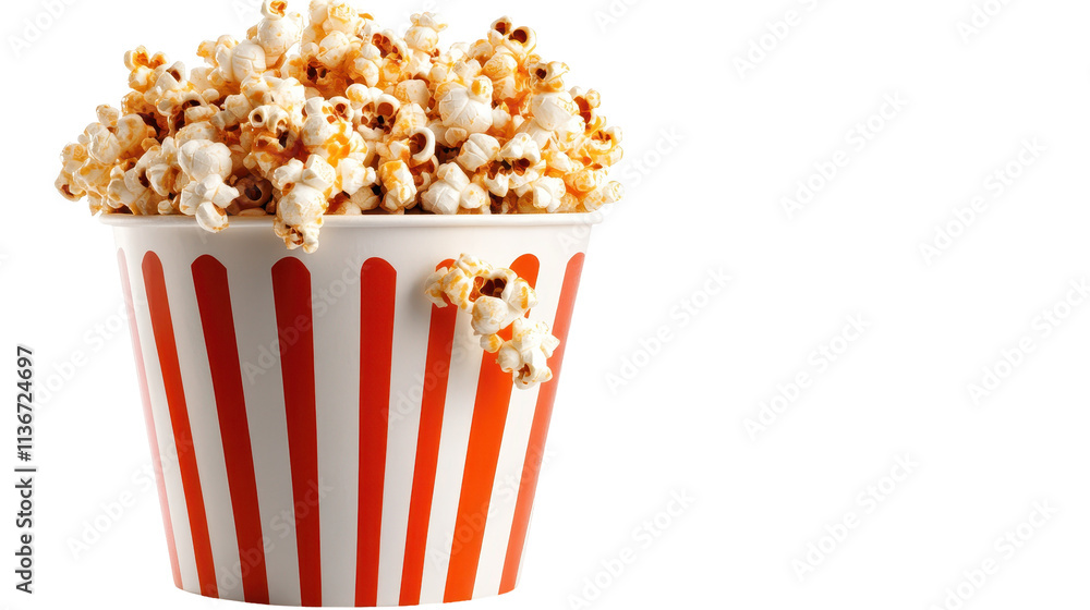Delicious popcorn in a striped bucket. transparent background