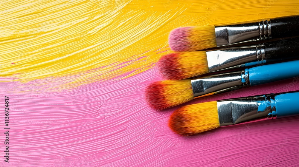 Fototapeta premium A group of paint brushes sitting on top of a pink and yellow surface