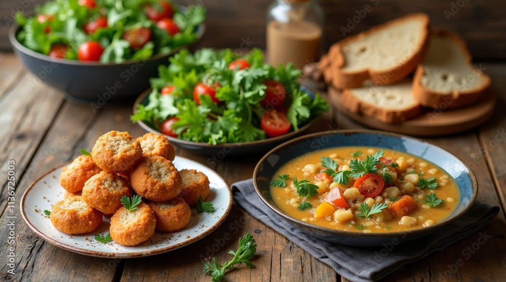 A beautifully arranged table featuring a variety of Lenten meals, including vegetable soup, whole grain bread, and fresh salads A beautifully arranged table featuring a variety of Lenten meals, including vegetable soup, whole grain bread, and fresh salads