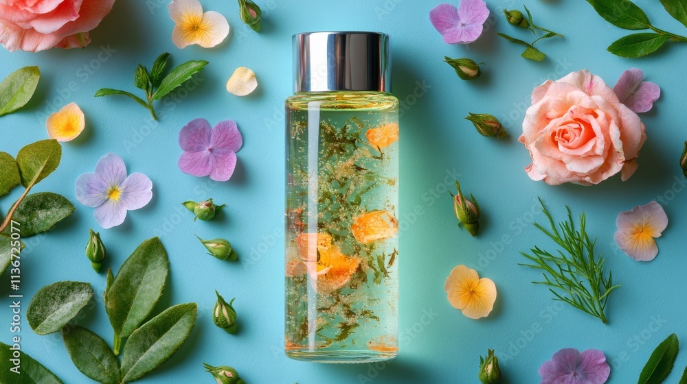 A bottle of perfume surrounded by flowers on a blue background A bottle of perfume surrounded by flowers on a blue background