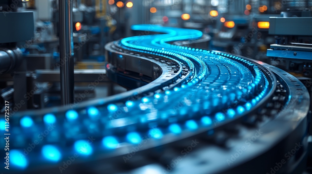 A conveyor belt in a factory with blue lights A conveyor belt in a factory with blue lights
