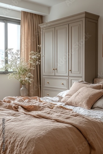 Wallpaper Mural Beige linen bedding, large armoire, and flowers in a calm bedroom. Torontodigital.ca