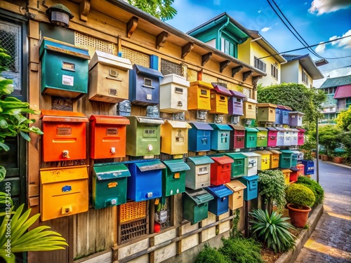 Wall Mounted Apartment Mailboxes in Thailand: A Close-Up View of Residential Postboxes with Letters and Documents Showcasing Everyday Life in Urban Living Spaces photo