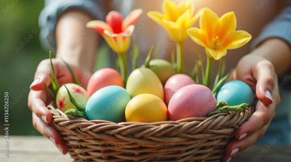 A close-up shot of hands arranging a basket filled with colorful Easter eggs and spring flowers A close-up shot of hands arranging a basket filled with colorful Easter eggs and spring flowers