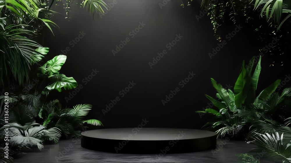 Dark podium amidst lush green leaves. Dark podium amidst lush green leaves.