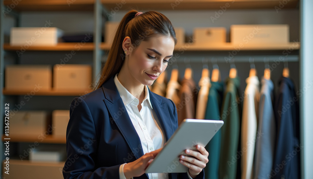 Business Woman Using Tablet in Modern Retail Store Business Woman Using Tablet in Modern Retail Store