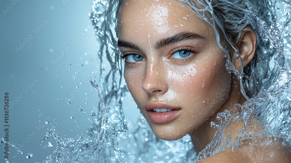 A woman with water splashing on her face A woman with water splashing on her face
