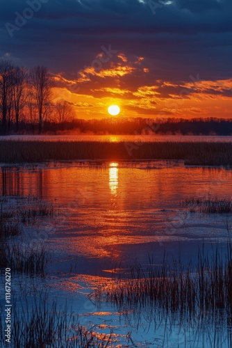 Sunset over a serene lake with vibrant clouds reflecting golden hues