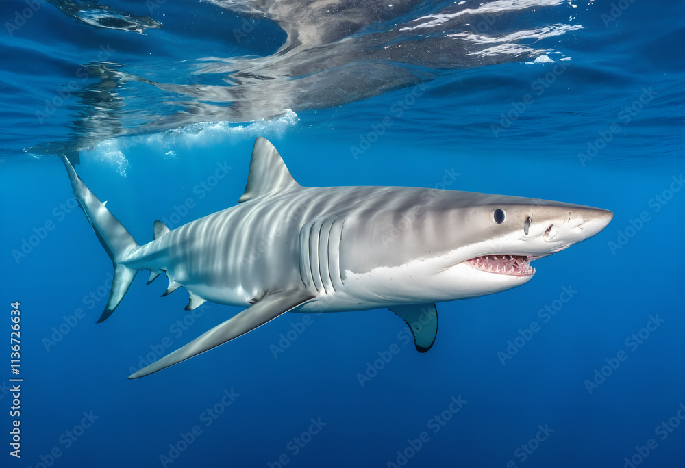 Naklejka premium Great white shark in deep blue water.