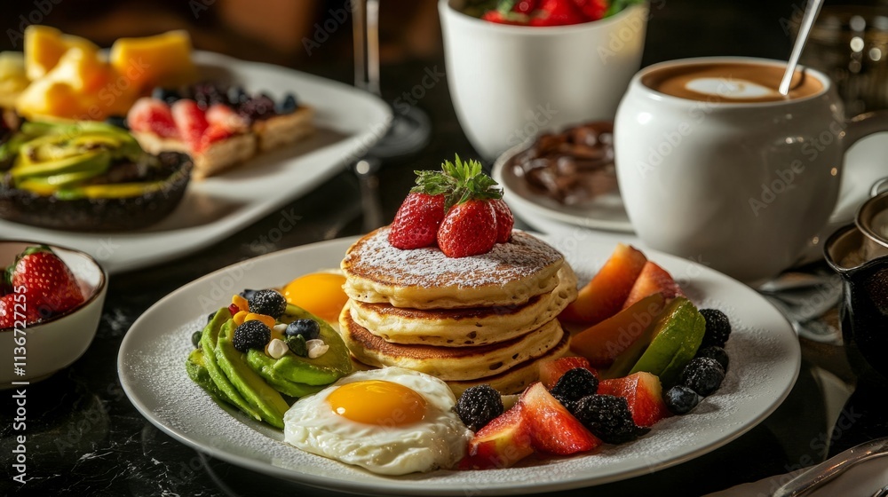 Pancakes, avocado toast, and poached eggs, presented in a decadent breakfast spread with fresh fruits and coffee Pancakes, avocado toast, and poached eggs, presented in a decadent breakfast spread with fresh fruits and coffee