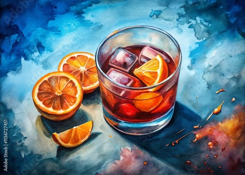 Watercolor Illustration of a Negroni Sbagliato Cocktail with Orange Slice in a Glass Captured through Drone Photography for a Unique Perspective photo